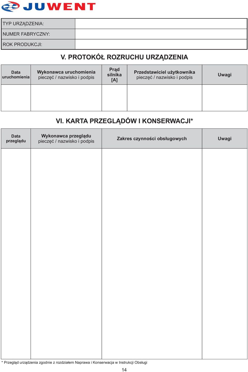 [A] rzedstawiciel u ytkownika pieczêæ / nazwisko i podpis Uwagi VI.