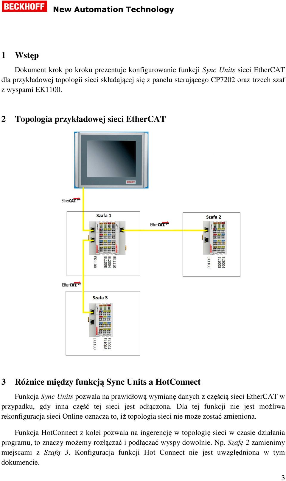 2 Topologia przykładowej sieci EtherCAT 3 Różnice między funkcją Sync Units a HotConnect Funkcja Sync Units pozwala na prawidłową wymianę danych z częścią sieci EtherCAT w przypadku, gdy inna część