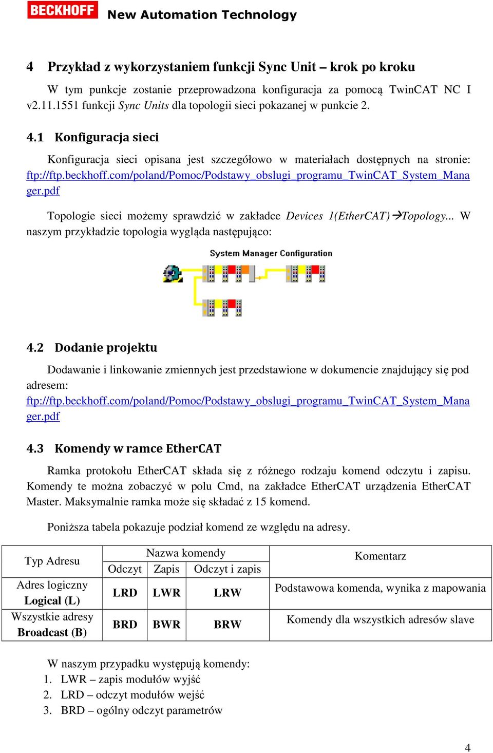 com/poland/pomoc/podstawy_obslugi_programu_twincat_system_mana ger.pdf Topologie sieci możemy sprawdzić w zakładce Devices 1(EtherCAT) Topology... W naszym przykładzie topologia wygląda następująco: 4.