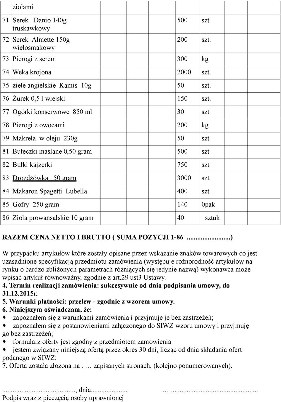 77 Ogórki konserwowe 850 ml 30 szt 78 Pierogi z owocami 200 kg 79 Makrela w oleju 230g 50 szt 81 Bułeczki maślane 0,50 gram 500 szt 82 Bułki kajzerki 750 szt 83 Drożdżówka 50 gram 3000 szt 84 Makaron