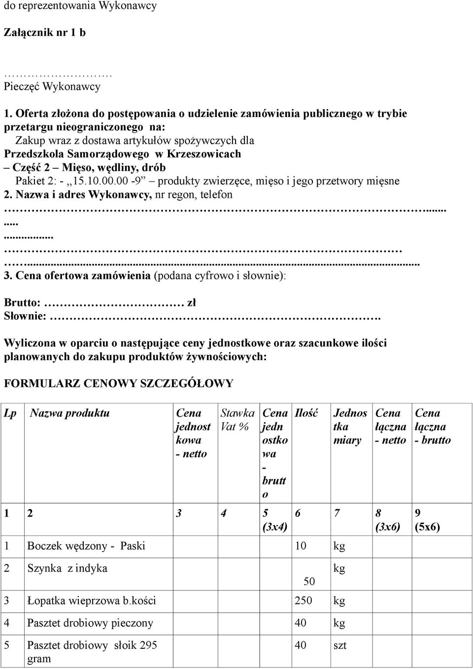 Część 2 Mięso, wędliny, drób Pakiet 2: -,,15.10.00.00-9 produkty zwierzęce, mięso i jego przetwory mięsne 2. Nazwa i adres Wykonawcy, nr regon, telefon............ 3.