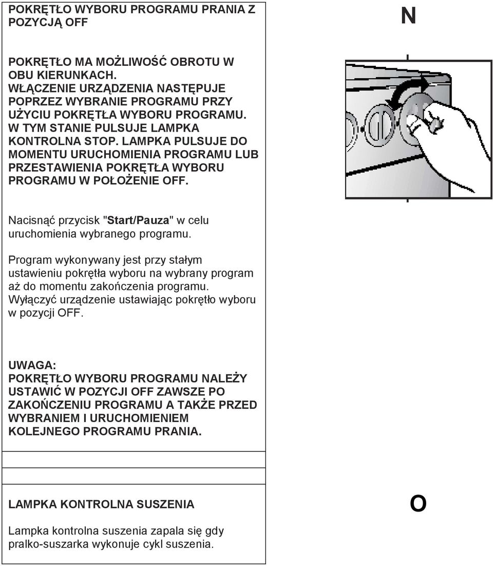 Nacisnąć przycisk "Start/Pauza" w celu uruchomienia wybranego programu. Program wykonywany jest przy stałym ustawieniu pokrętła wyboru na wybrany program aż do momentu zakończenia programu.