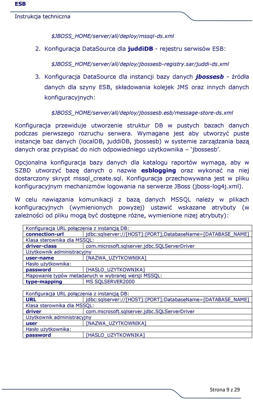 esb/message-store-ds.xml Konfiguracja przewiduje utworzenie struktur DB w pustych bazach danych podczas pierwszego rozruchu serwera.