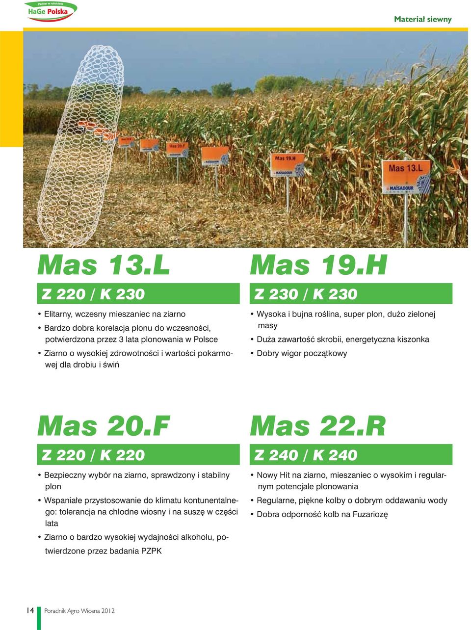 dla drobiu i Êwiƒ Mas 19.H Z 230 / K 230 Wysoka i bujna roêlina, super plon, du o zielonej masy Du a zawartoêç skrobii, energetyczna kiszonka Dobry wigor poczàtkowy Mas 20.