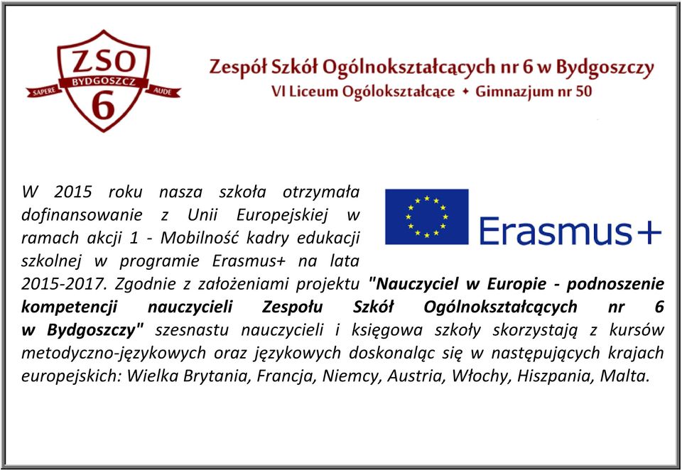 Zgodnie z założeniami projektu "Nauczyciel w Europie - podnoszenie kompetencji nauczycieli Zespołu Szkół Ogólnokształcących nr 6 w