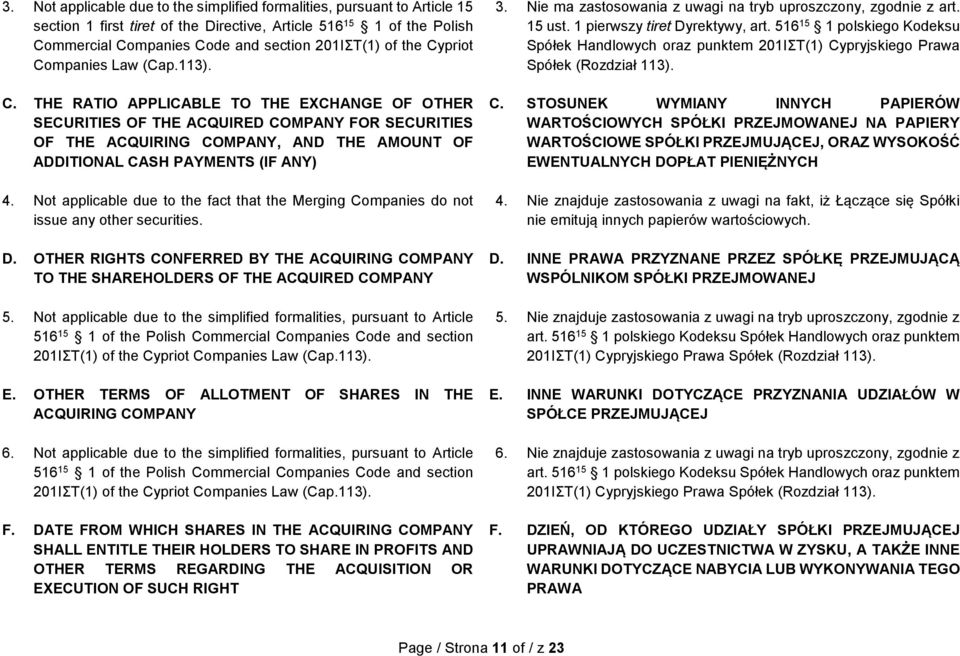 Not applicable due to the fact that the Merging Companies do not issue any other securities. D. OTHER RIGHTS CONFERRED BY THE ACQUIRING COMPANY TO THE SHAREHOLDERS OF THE ACQUIRED COMPANY 5.