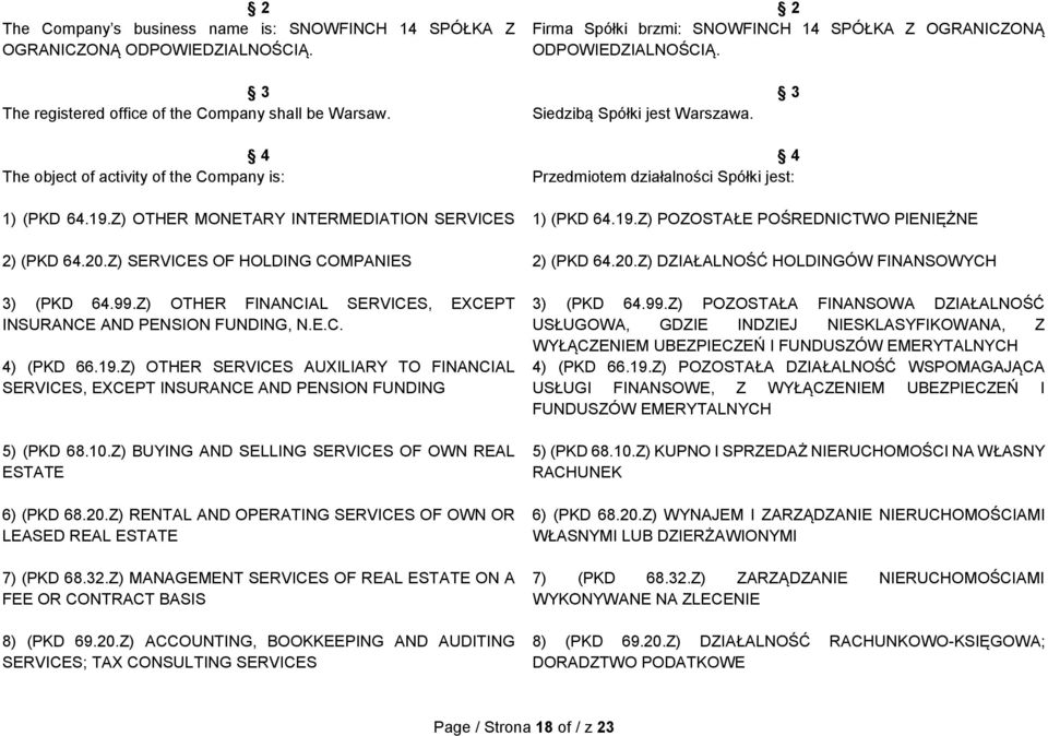 Z) OTHER MONETARY INTERMEDIATION SERVICES 1) (PKD 64.19.Z) POZOSTAŁE POŚREDNICTWO PIENIĘŻNE 2) (PKD 64.20.Z) SERVICES OF HOLDING COMPANIES 2) (PKD 64.20.Z) DZIAŁALNOŚĆ HOLDINGÓW FINANSOWYCH 3) (PKD 64.