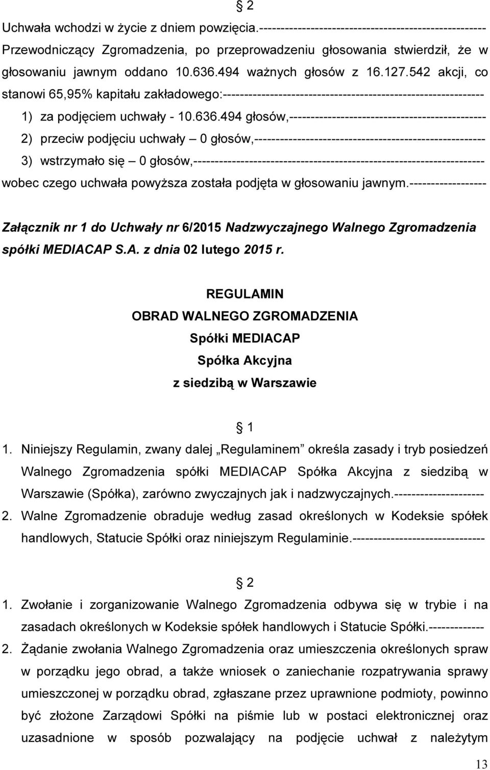 542 akcji, co stanowi 65,95% kapitału zakładowego:------------------------------------------------------------- 1) za podjęciem uchwały - 10.636.