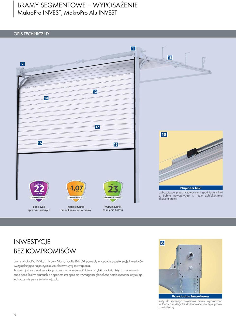 Ilość cykli sprężyn skrętnych Współczynnik przenikania ciepła bramy Współczynnik tłumienia hałasu INWESTYCJE BEZ KOMPROMISÓW 6 Bramy MakroPro INVEST i bramy MakroPro Alu INVEST powstały w oparciu o
