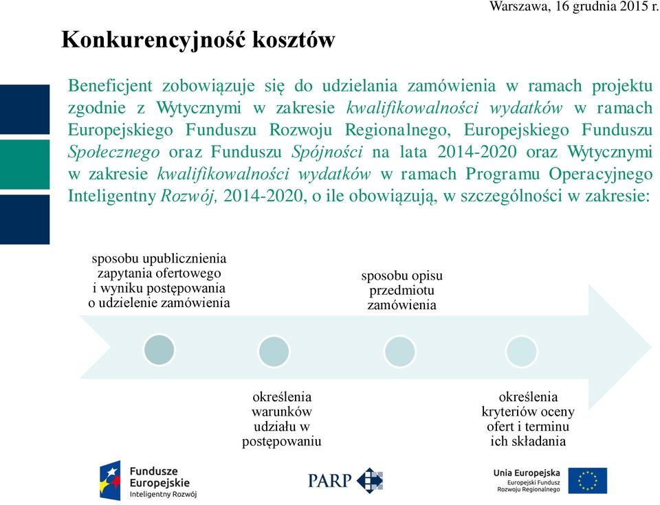 wydatków w ramach Programu Operacyjnego Inteligentny Rozwój, 2014-2020, o ile obowiązują, w szczególności w zakresie: sposobu upublicznienia zapytania ofertowego i