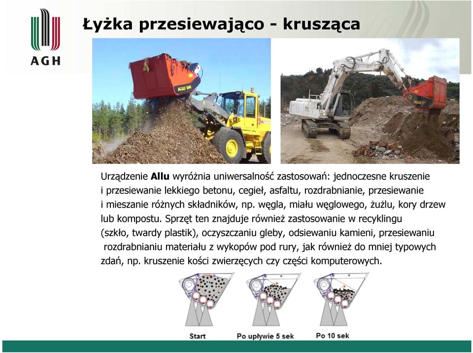 Sprzęt ten znajduje również zastosowanie w recyklingu (szkło, twardy plastik), oczyszczaniu gleby, odsiewaniu kamieni, przesiewaniu