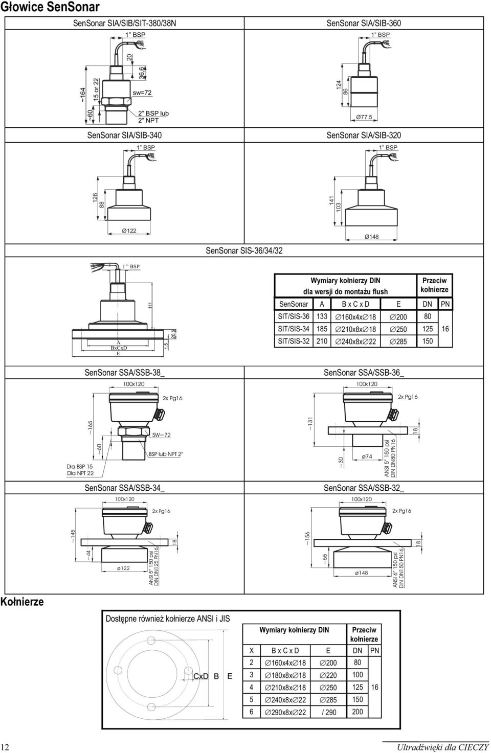 flush SenSonar SSA/SSB-36_ 100x120 2x Pg16 Przeciw kołnierze SenSonar A B x C x D E DN PN SIT/SIS-36 133 160x4x 18 200 80 SIT/SIS-34 185 210x8x 18 250 125 16 SIT/SIS-32 210 240x8x 22 285 150 ~165