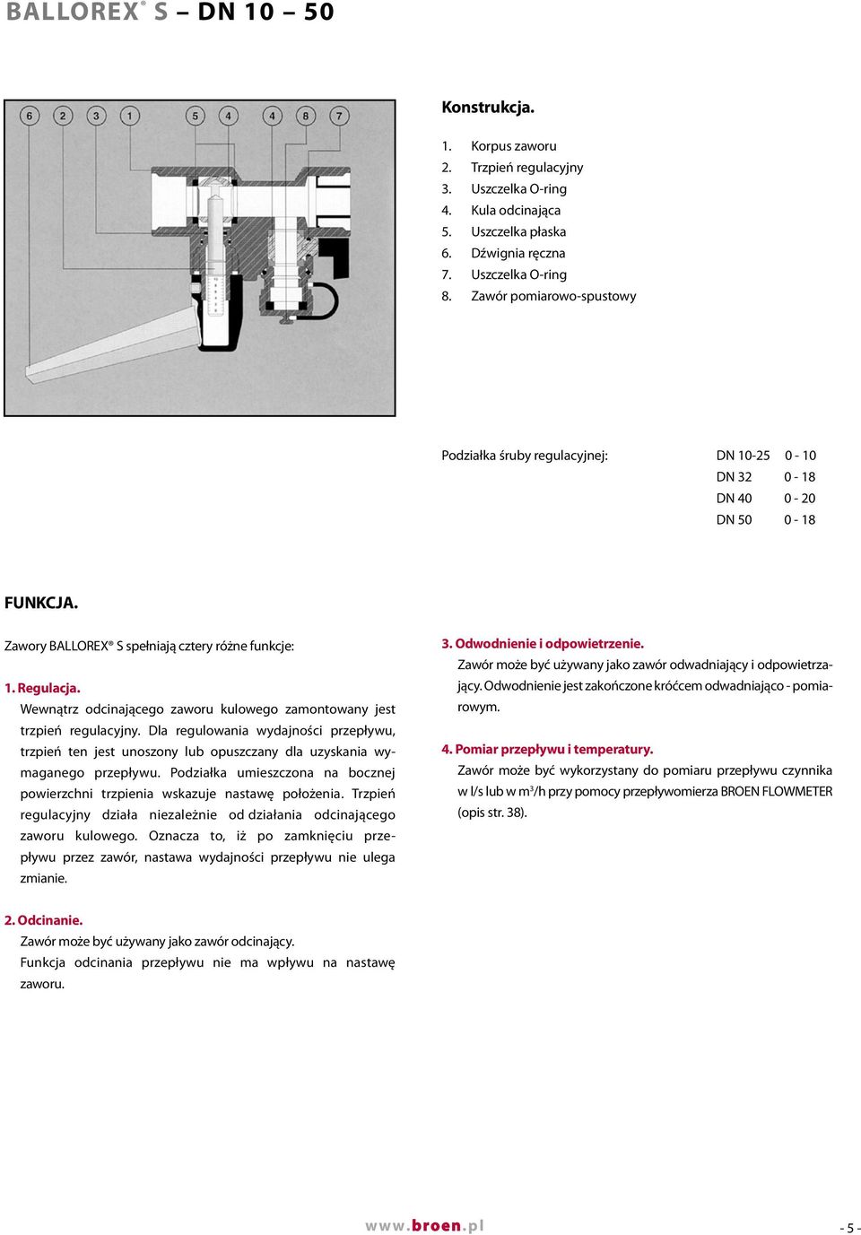 0 0-8 FUNKCJA. Zawory BALLOREX S spełniają cztery różne funkcje:. Regulacja. Wewnątrz odcinającego zaworu kulowego zamontowany jest trzpień regulacyjny.