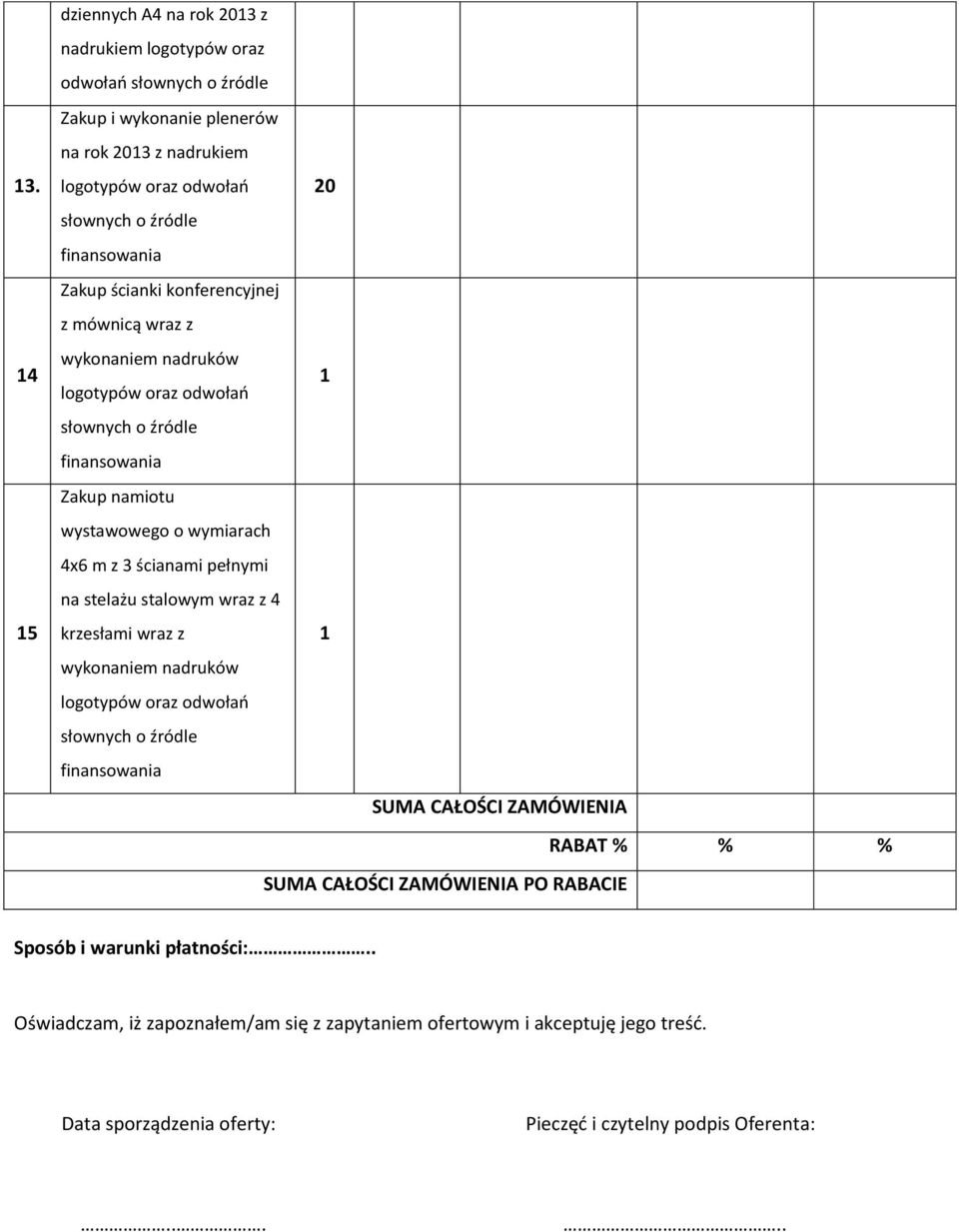 z 4 krzesłami wraz z 1 SUMA CAŁOŚCI ZAMÓWIENIA RABAT % % % SUMA CAŁOŚCI ZAMÓWIENIA PO RABACIE Sposób i warunki płatności:.