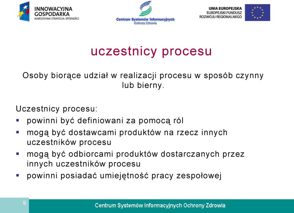 Uczestnicy procesu: powinni być definiowani za pomocą ról mogą być dostawcami