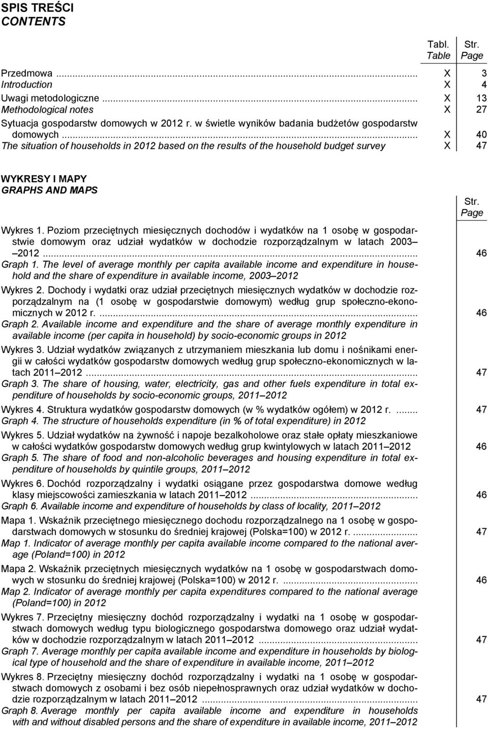 Page Wykres 1. Poziom przeciętnych miesięcznych dochodów i wydatków na 1 osobę w gospodarstwie domowym oraz udział wydatków w dochodzie rozporządzalnym w latach 2003 2012... 46 Graph 1.