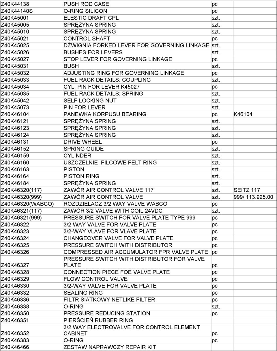 PIN FOR LEVER K45027 Z40K45035 FUEL RACK DETAILS: SPRING Z40K45042 SELF LOCKING NUT Z40K45073 PIN FOR LEVER Z40K46104 PANEWKA KORPUSU BEARING K46104 Z40K46121 SPRĘŻYNA SPRING Z40K46123 SPRĘŻYNA