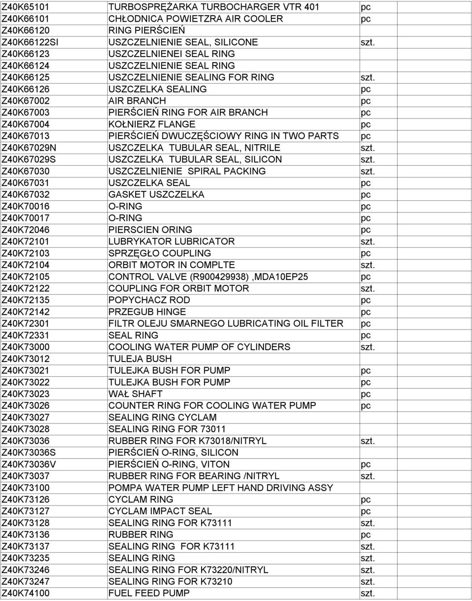 DWUCZĘŚCIOWY RING IN TWO PARTS Z40K67029N USZCZELKA TUBULAR SEAL, NITRILE Z40K67029S USZCZELKA TUBULAR SEAL, SILICON Z40K67030 USZCZELNIENIE SPIRAL PACKING Z40K67031 USZCZELKA SEAL Z40K67032 GASKET