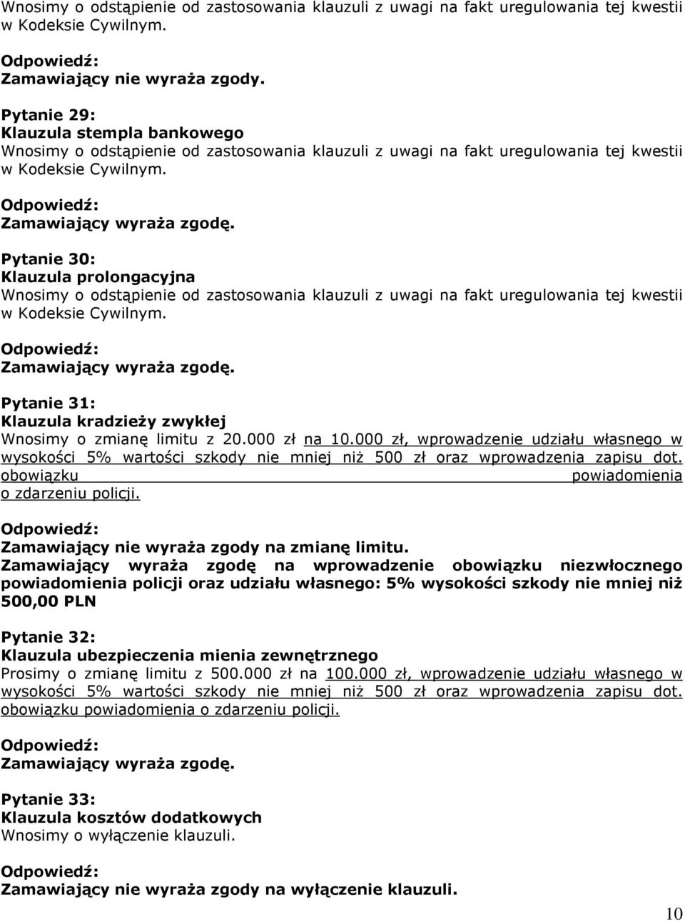 zł, wprowadzenie udziału własnego w wysokości 5% wartości szkody nie mniej niŝ 5 zł oraz wprowadzenia zapisu dot. obowiązku powiadomienia o zdarzeniu policji.