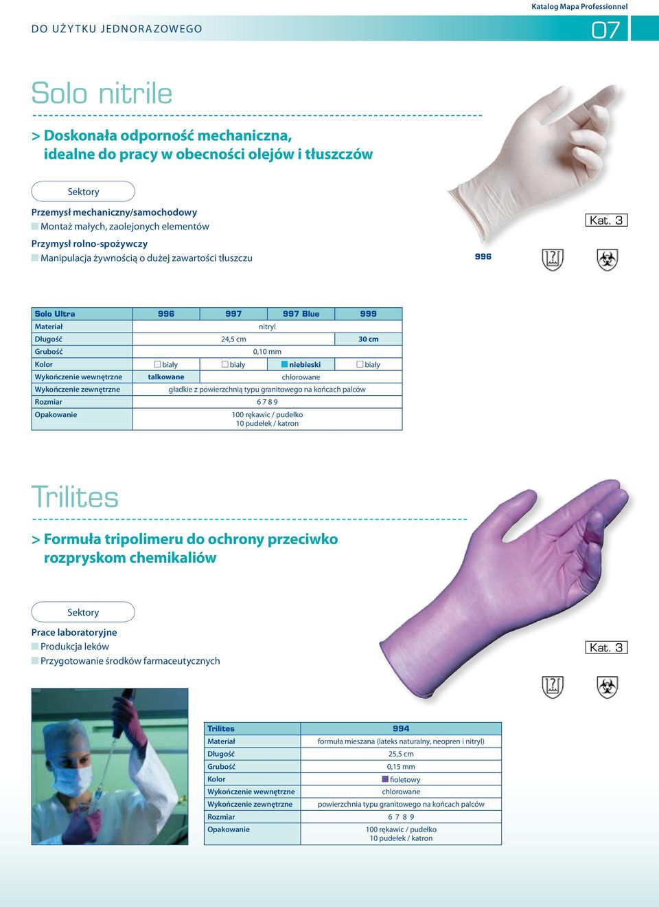 talkowane chlorowane gładkie z powierzchnią typu granitowego na końcach palców Rozmiar 6 7 8 9 100 rękawic / pudełko 10 pudełek / katron Trilites > Formuła tripolimeru do ochrony przeciwko rozpryskom