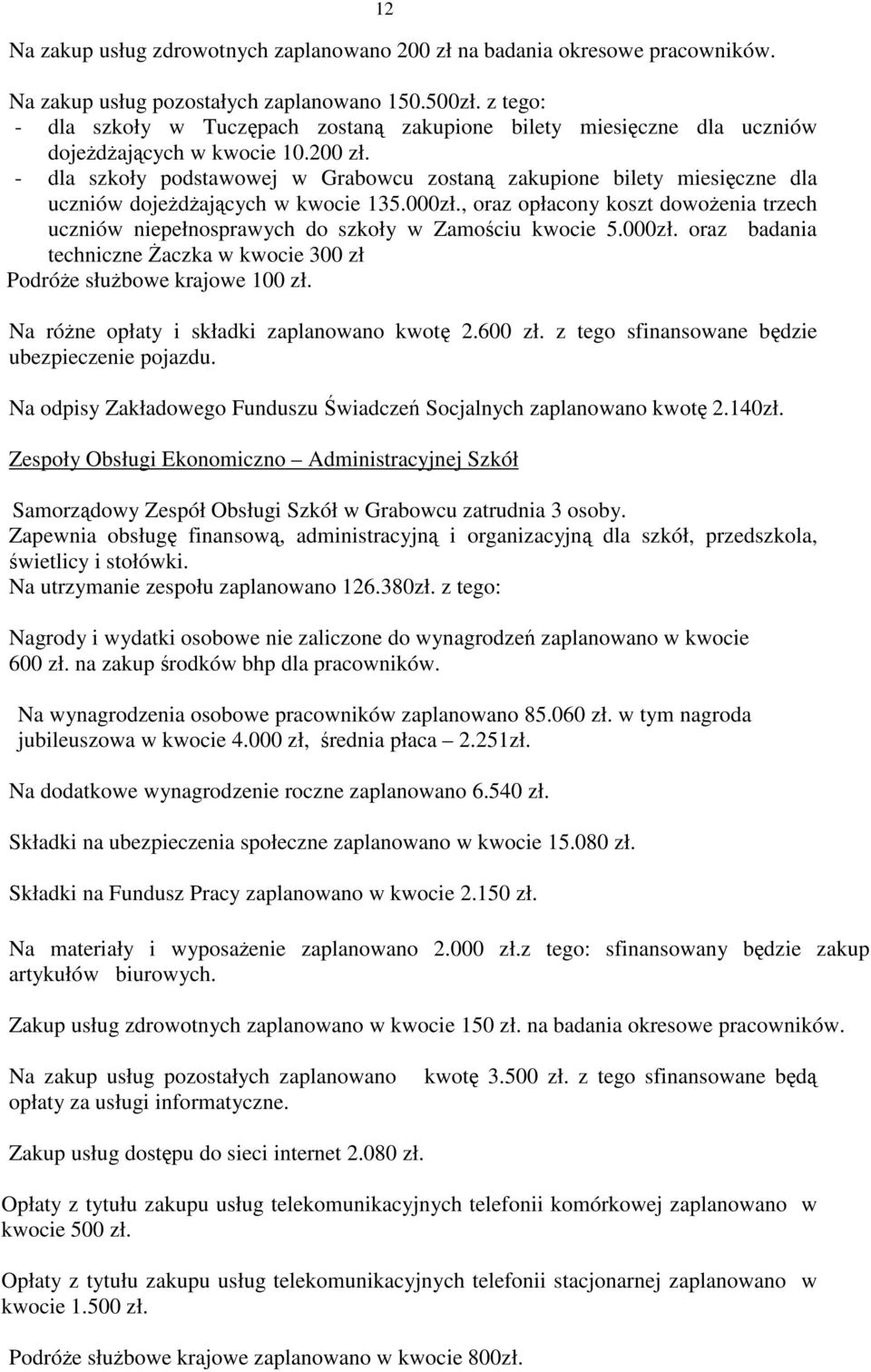 - dla szkoły podstawowej w Grabowcu zostaną zakupione bilety miesięczne dla uczniów dojeŝdŝających w kwocie 135.000zł.