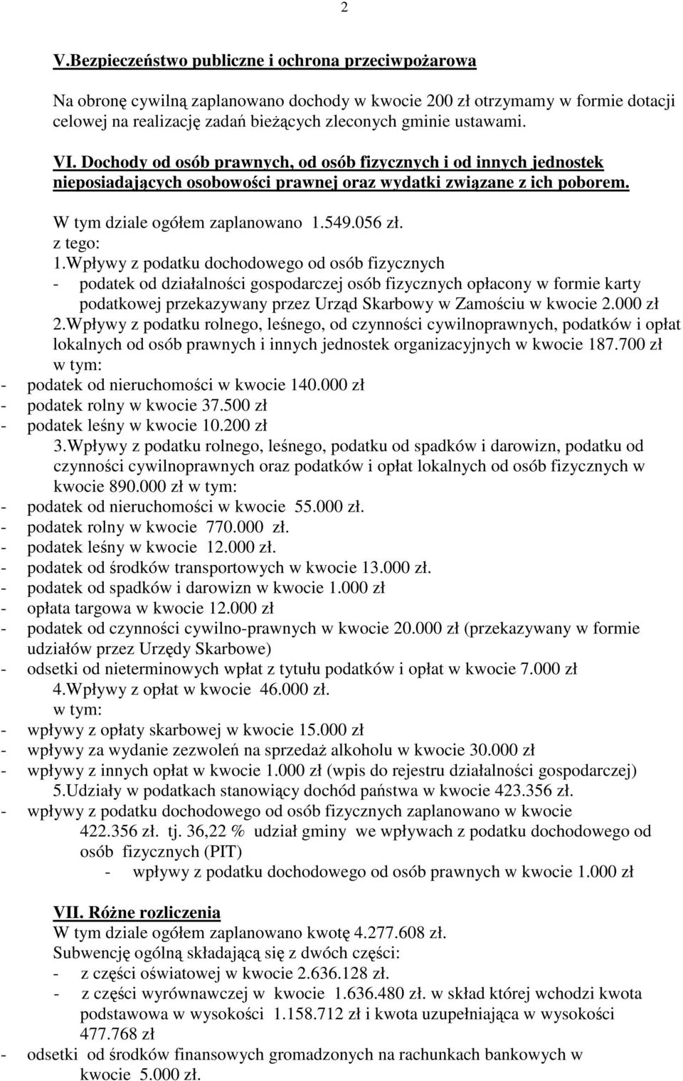 Wpływy z podatku dochodowego od osób fizycznych - podatek od działalności gospodarczej osób fizycznych opłacony w formie karty podatkowej przekazywany przez Urząd Skarbowy w Zamościu w kwocie 2.