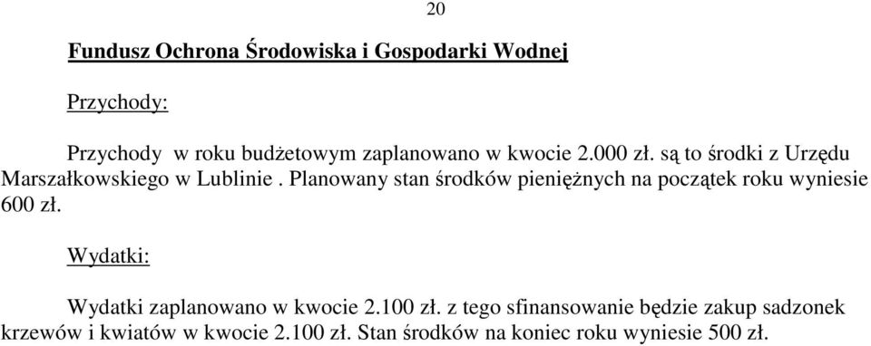 Planowany stan środków pienięŝnych na początek roku wyniesie 600 zł.