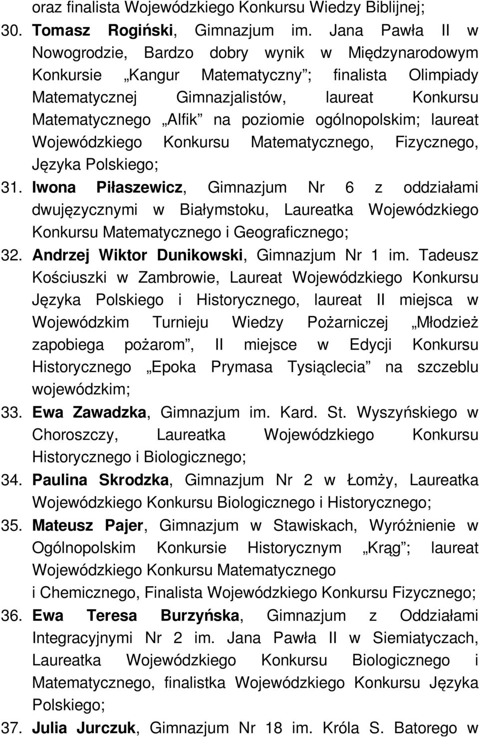 ogólnopolskim; laureat Wojewódzkiego Konkursu Matematycznego, Fizycznego, Języka Polskiego; 31.