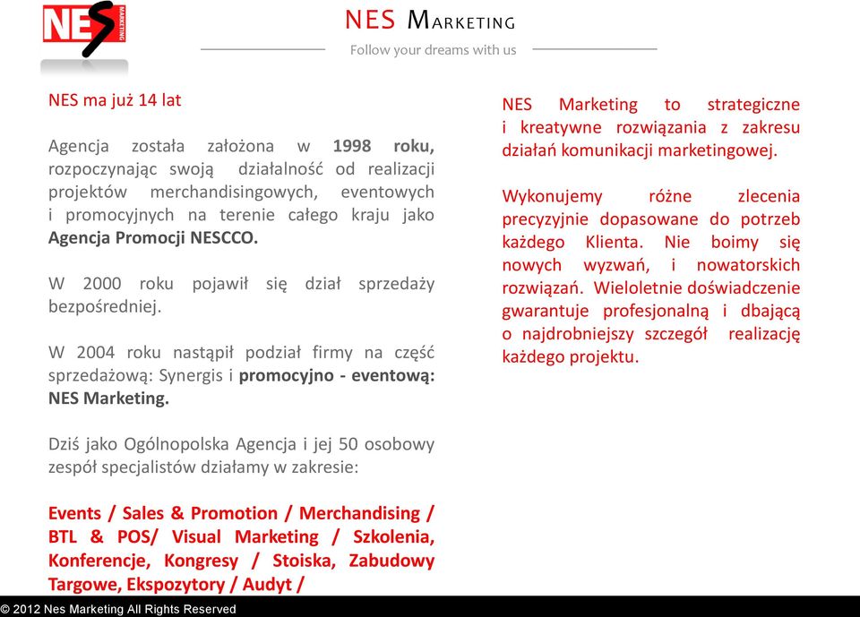 W 2004 roku nastąpił podział firmy na częśd sprzedażową: Synergis i promocyjno - eventową: NES Marketing.