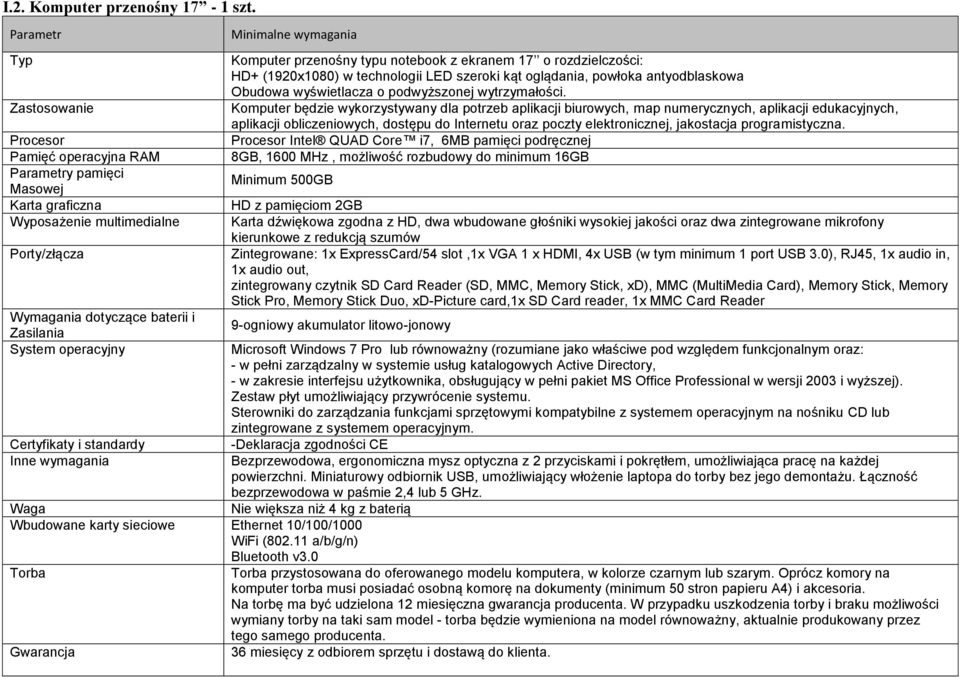 standardy Inne wymagania Komputer przenośny typu notebook z ekranem 17 o rozdzielczości: HD+ (1920x1080) w technologii LED szeroki kąt oglądania, powłoka antyodblaskowa Obudowa wyświetlacza o