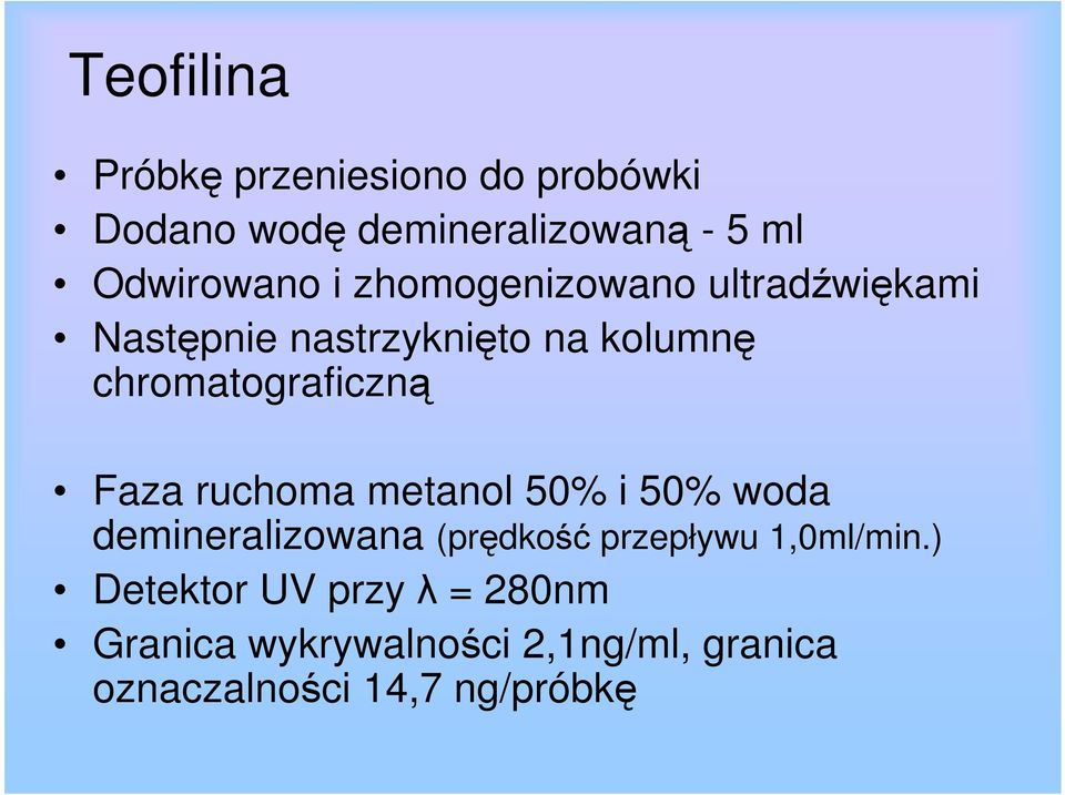 Faza ruchoma metanol 50% i 50% woda demineralizowana (prędkość przepływu 1,0ml/min.