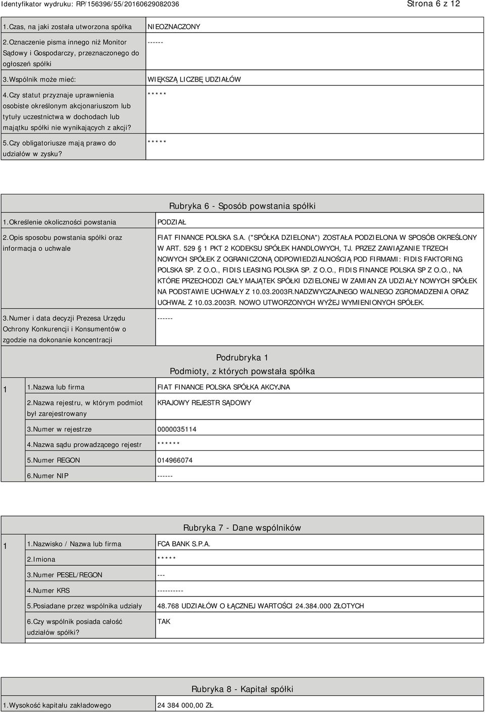 Czy obligatoriusze mają prawo do udziałów w zysku? NIEOZNACZONY ------ WIĘKSZĄ LICZBĘ UDZIAŁÓW ***** ***** Rubryka 6 - Sposób powstania spółki 1.Określenie okoliczności powstania 2.