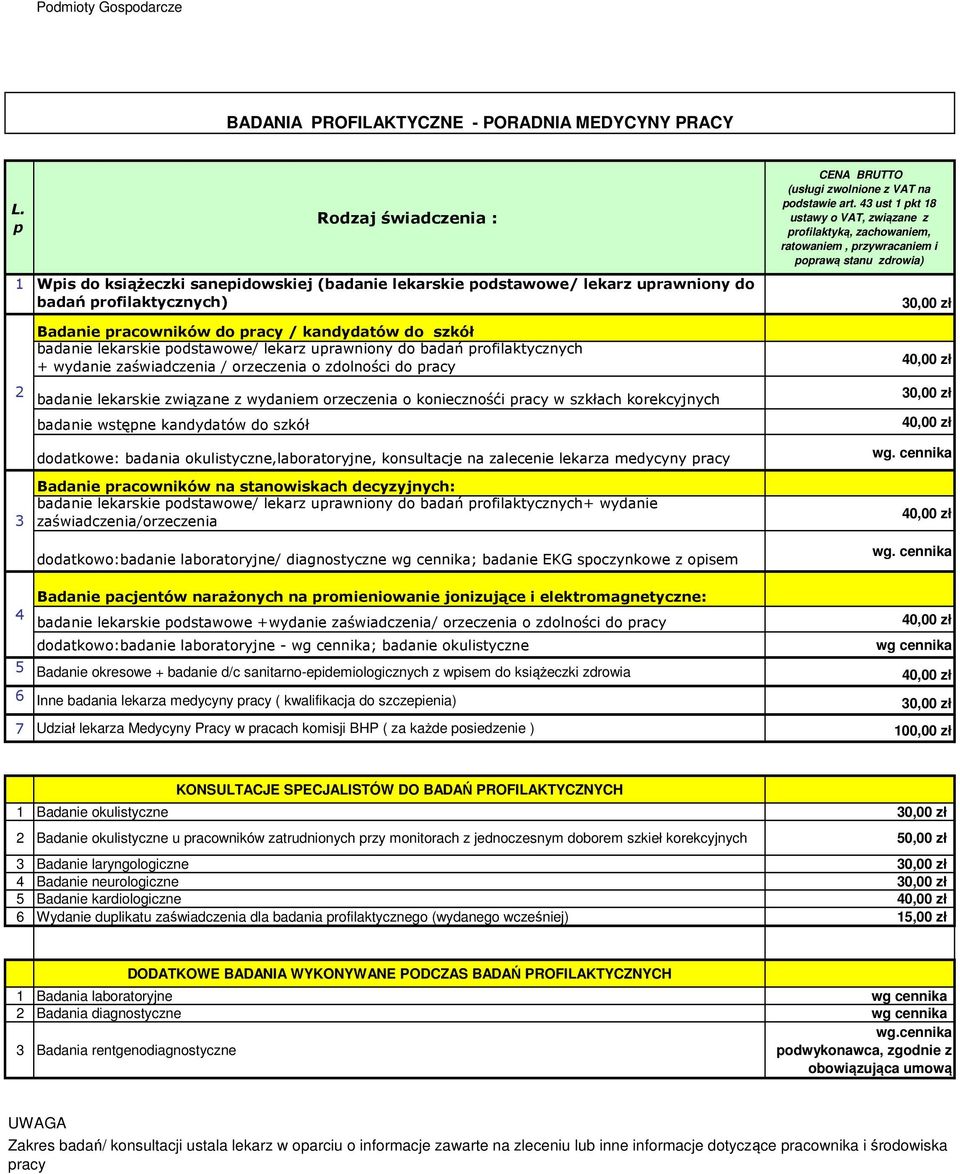 lekarskie podstawowe/ lekarz uprawniony do badań profilaktycznych + wydanie zaświadczenia / orzeczenia o zdolności do pracy badanie lekarskie związane z wydaniem orzeczenia o koniecznośći pracy w