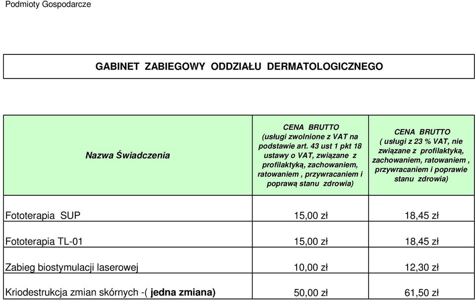 zdrowia) Fototerapia SUP 15,00 zł 18,45 zł Fototerapia TL-01 15,00 zł 18,45 zł Zabieg