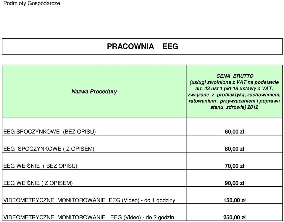 OPISU) 60,00 zł EEG SPOCZYNKOWE ( Z OPISEM) 80,00 zł EEG WE ŚNIE ( BEZ OPISU) 70,00 zł EEG