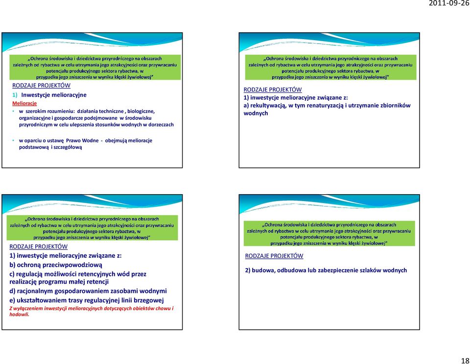 szczegółową 1) inwestycje melioracyjne związane z: b) ochroną przeciwpowodziową c) regulacją możliwości retencyjnych wód przez realizację programu małej retencji d) racjonalnym gospodarowaniem