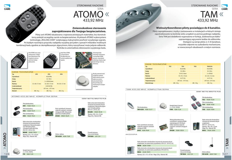 W pilotach ATOMO wykorzystano technologię ROLLING CODE zwiększającą maksymalnie poufność wysyłanego sygnału.