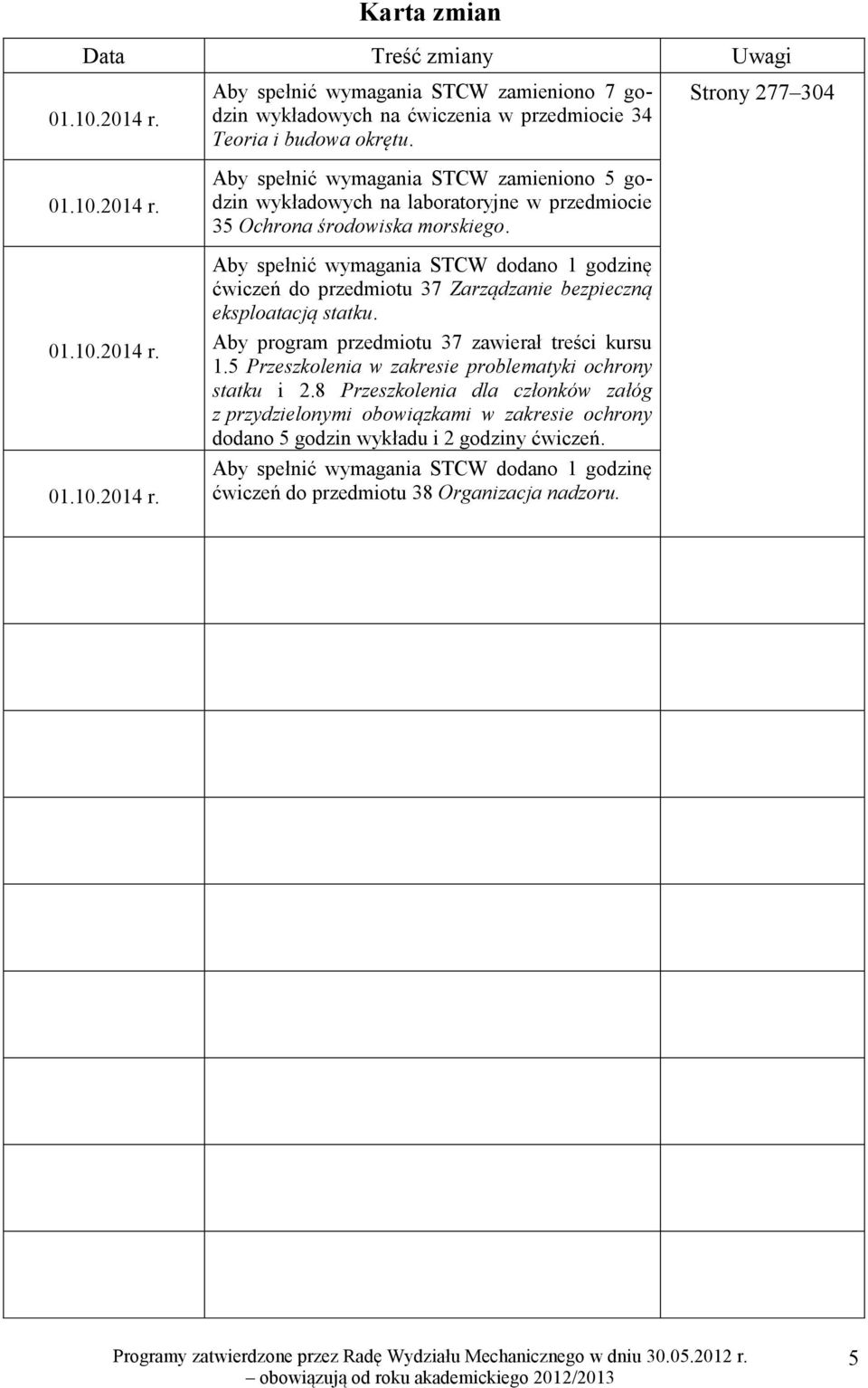 Aby spełnić wymagania STCW dodano 1 godzinę ćwiczeń do przedmiotu 37 Zarządzanie bezpieczną eksploatacją statku. Aby program przedmiotu 37 zawierał treści kursu 1.