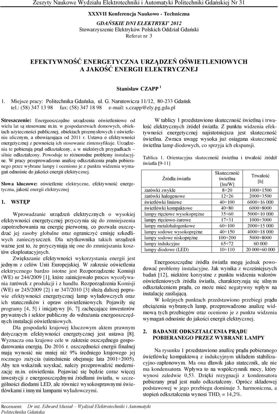 : (58) 347 13 98 fax: (58) 347 18 98 e-mail: s.czapp@ely.pg.gda.pl Streszczenie: Energooszczędne urządzenia oświetleniowe od wielu lat są stosowane m.in.