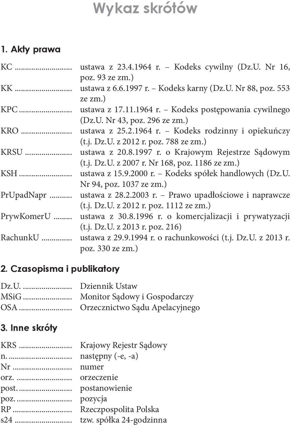 o Krajowym Rejestrze Sądowym (t.j. Dz.U. z 2007 r. Nr 168, poz. 1186 ze zm.) KSH... ustawa z 15.9.2000 r. Kodeks spółek handlowych (Dz.U. Nr 94, poz. 1037 ze zm.) PrUpadNapr... ustawa z 28.2.2003 r.