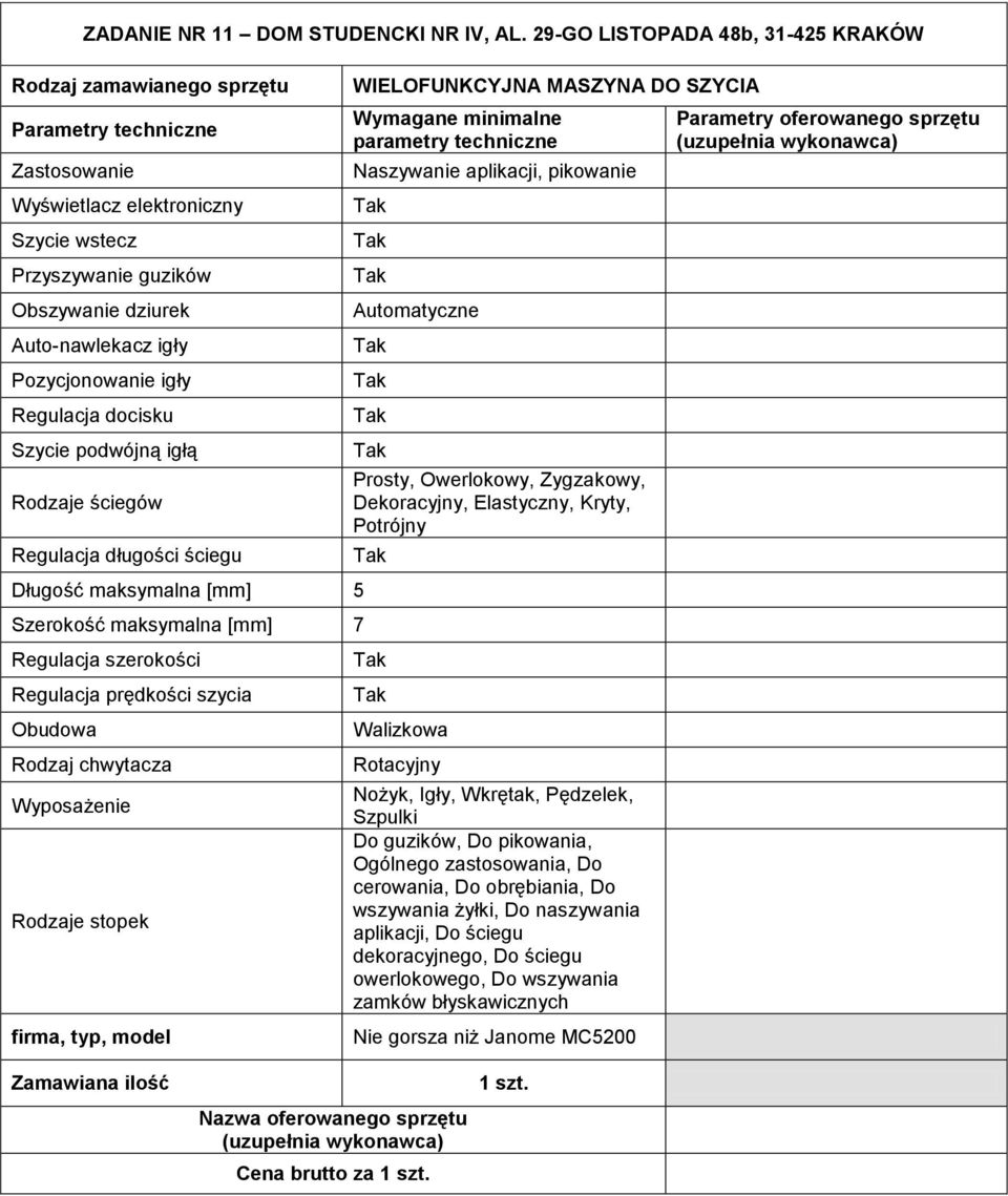 podwójną igłą Rodzaje ściegów Regulacja długości ściegu Długość maksymalna [mm] 5 Szerokość maksymalna [mm] 7 Regulacja szerokości Regulacja prędkości szycia Obudowa Rodzaj chwytacza Wyposażenie