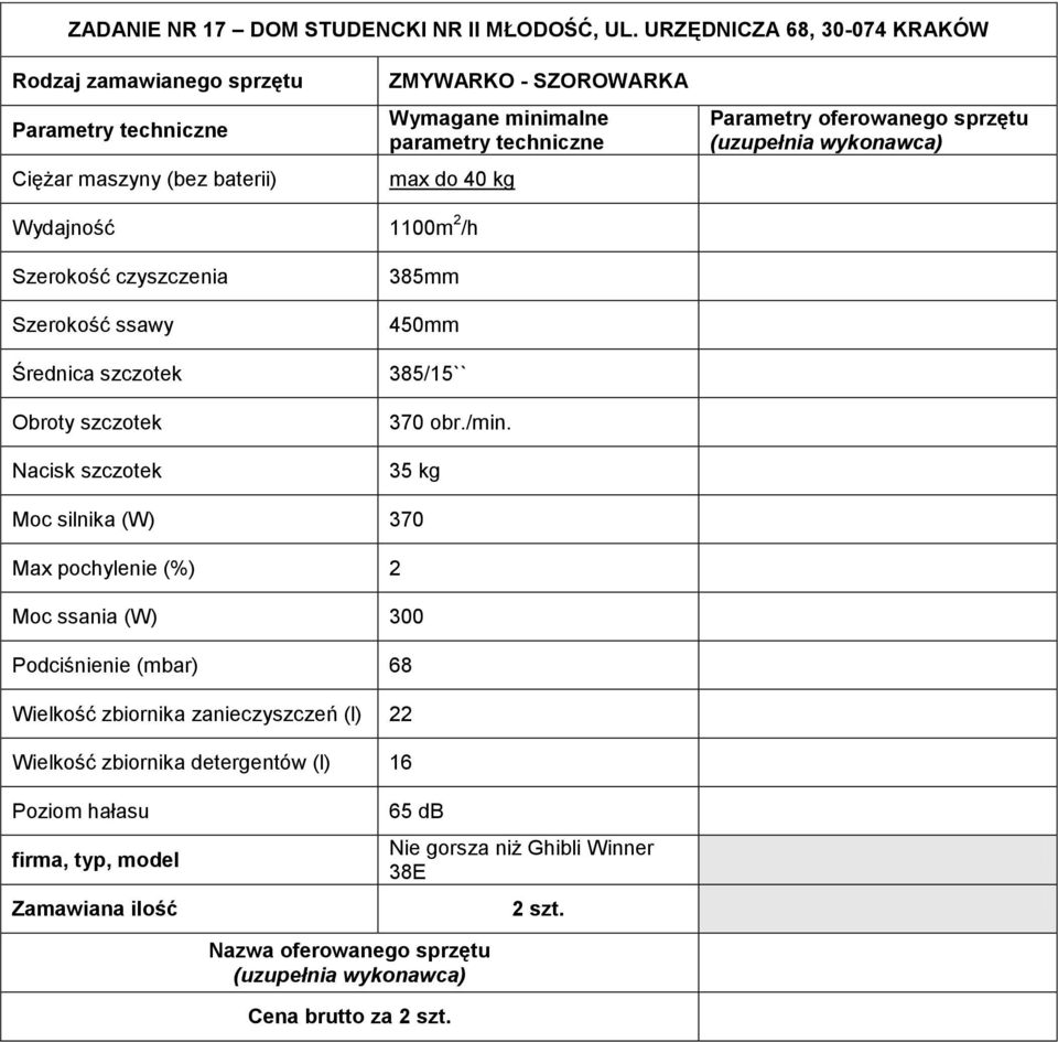 /h Szerokość czyszczenia Szerokość ssawy Średnica szczotek Obroty szczotek Nacisk szczotek 385mm 450mm 385/15`` 370 obr./min.