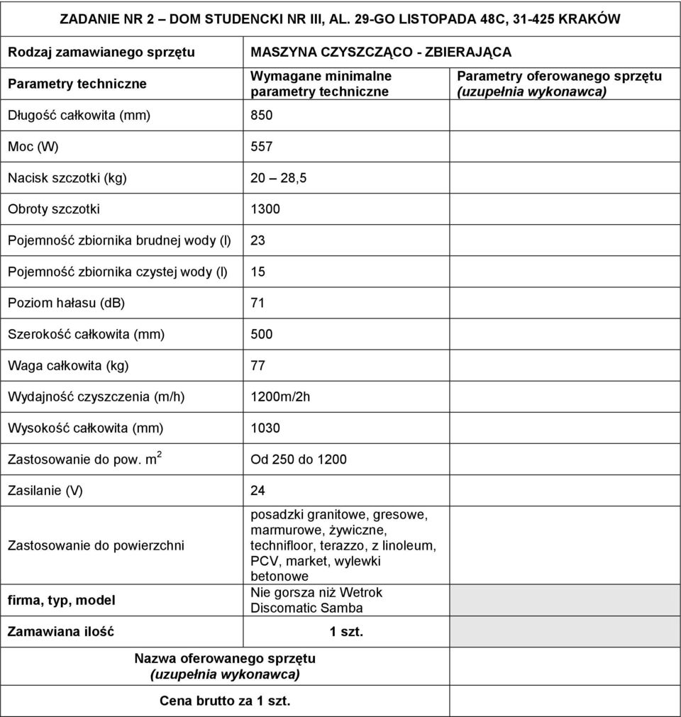 Pojemność zbiornika czystej wody (l) 15 Poziom hałasu (db) 71 Szerokość całkowita (mm) 500 Waga całkowita (kg) 77 MASZYNA CZYSZCZĄCO - ZBIERAJĄCA Wymagane minimalne