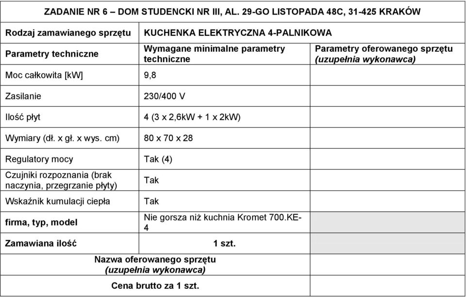 Zasilanie Ilość płyt 230/400 V 4 (3 x 2,6kW + 1 x 2kW) Wymiary (dł. x gł. x wys.