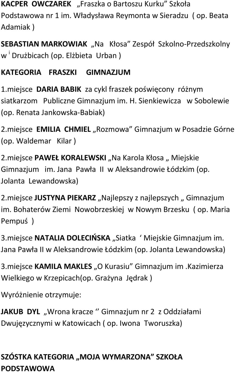 miejsce EMILIA CHMIEL Rozmowa Gimnazjum w Posadzie Górne (op. Waldemar Kilar ) 2.miejsce PAWEŁ KORALEWSKI Na Karola Kłosa Miejskie Gimnazjum im. Jana Pawła II w Aleksandrowie Łódzkim (op.