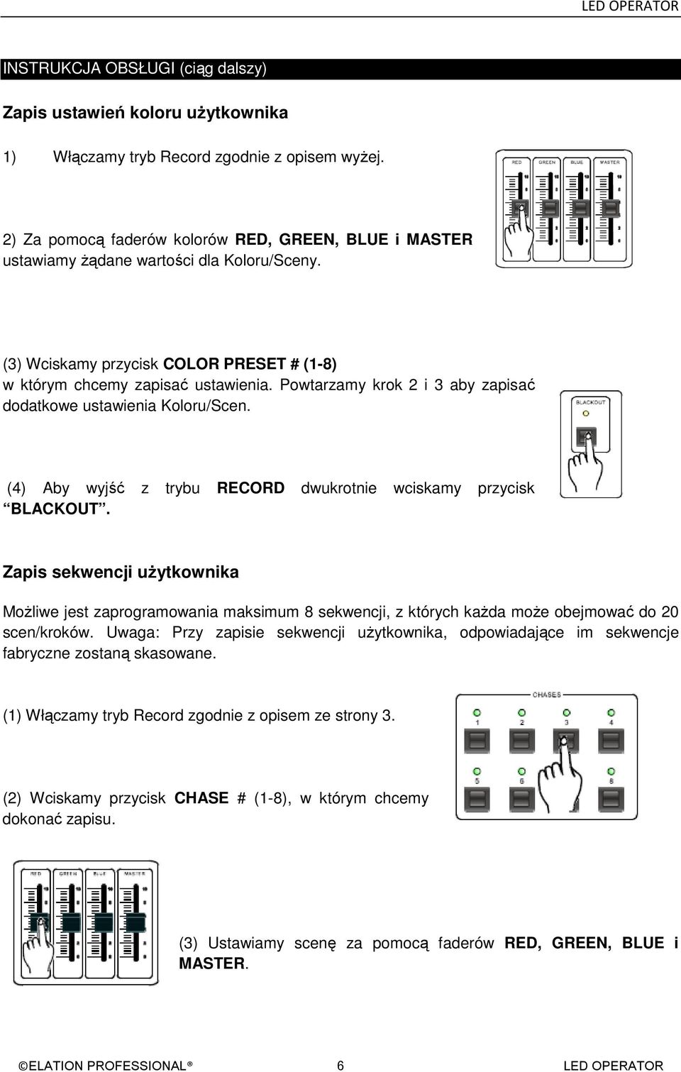 Powtarzamy krok 2 i 3 aby zapisać dodatkowe ustawienia Koloru/Scen. (4) Aby wyjść z trybu RECORD dwukrotnie wciskamy przycisk BLACKOUT.