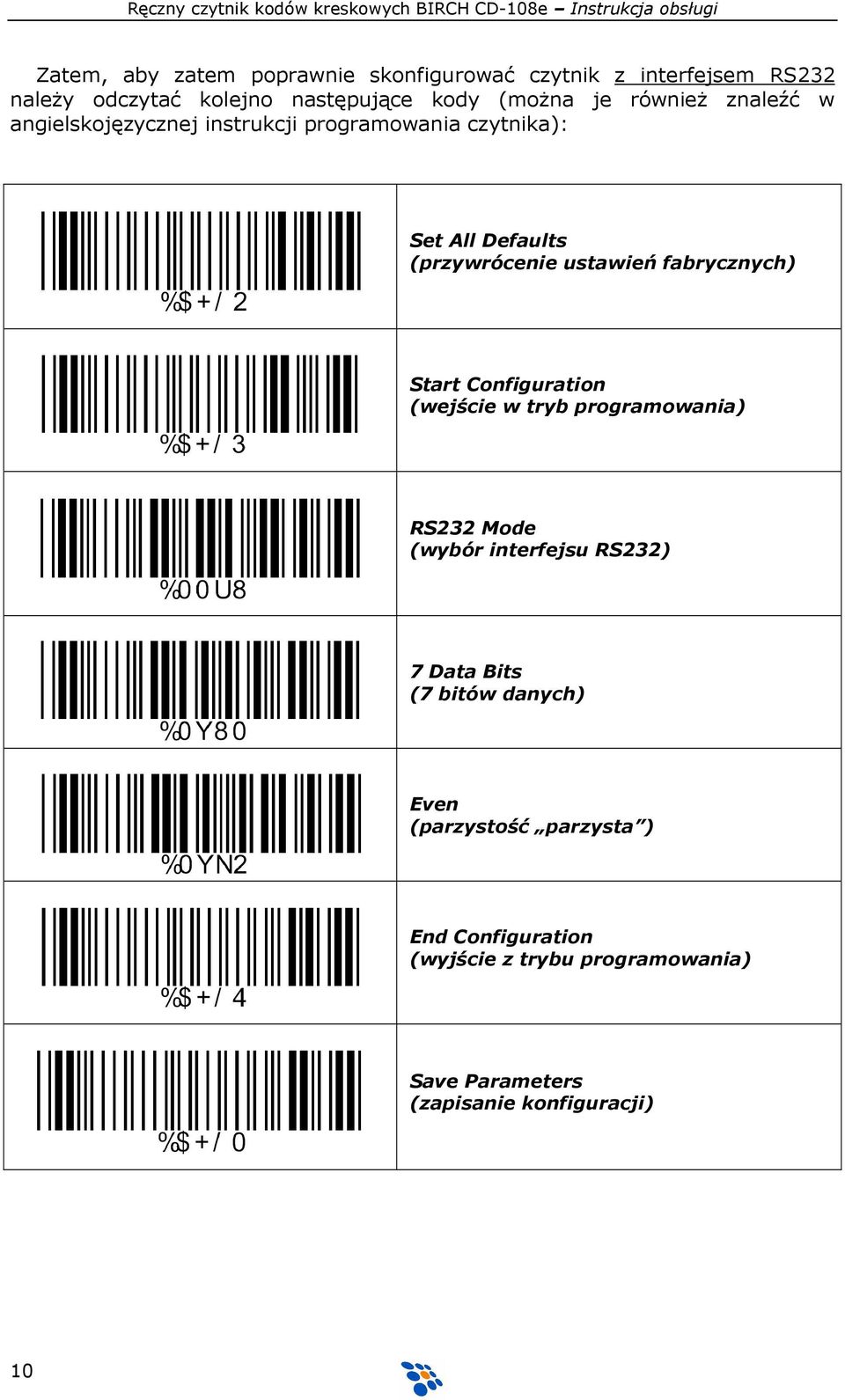 fabrycznych) Start Configuration (wejście w tryb programowania) RS232 Mode (wybór interfejsu RS232) 7 Data Bits (7 bitów