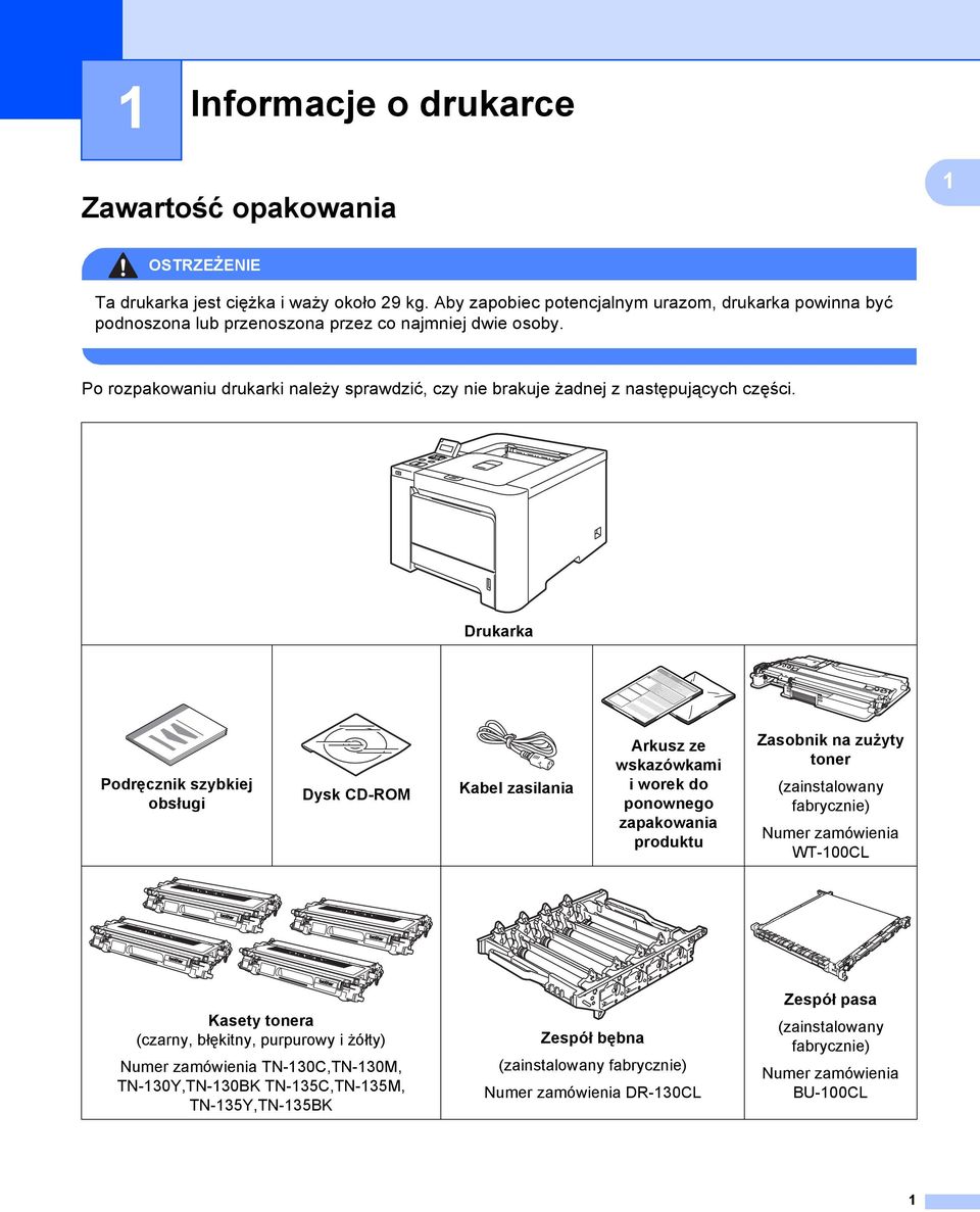 Po rozpakowaniu drukarki należy sprawdzić, czy nie brakuje żadnej z następujących części.