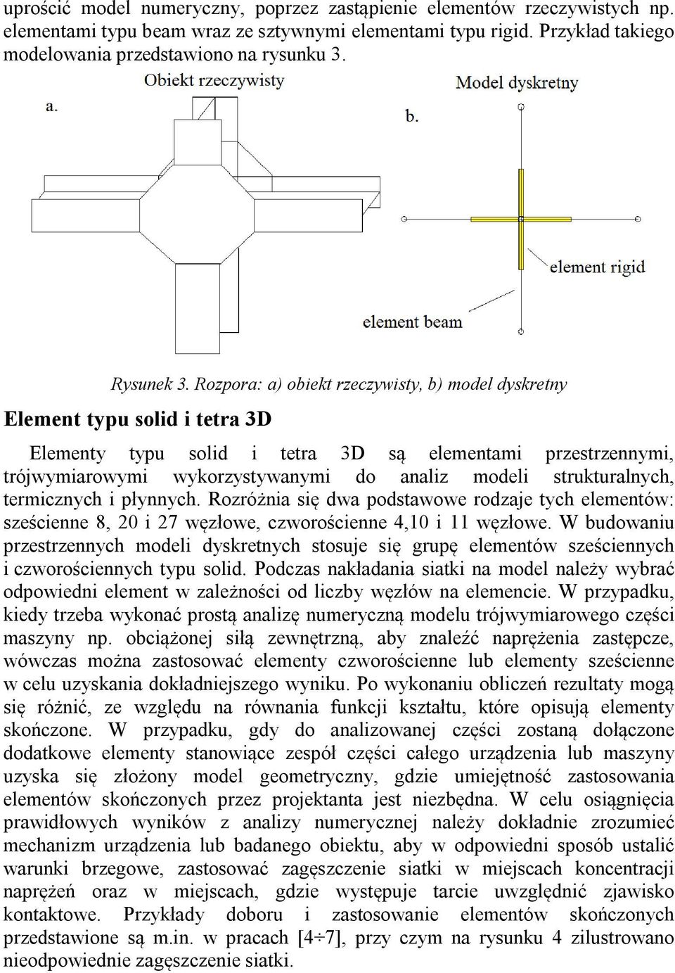 Rozpora: a) obiekt rzeczywisty, b) model dyskretny Element typu solid i tetra 3D Elementy typu solid i tetra 3D są elementami przestrzennymi, trójwymiarowymi wykorzystywanymi do analiz modeli