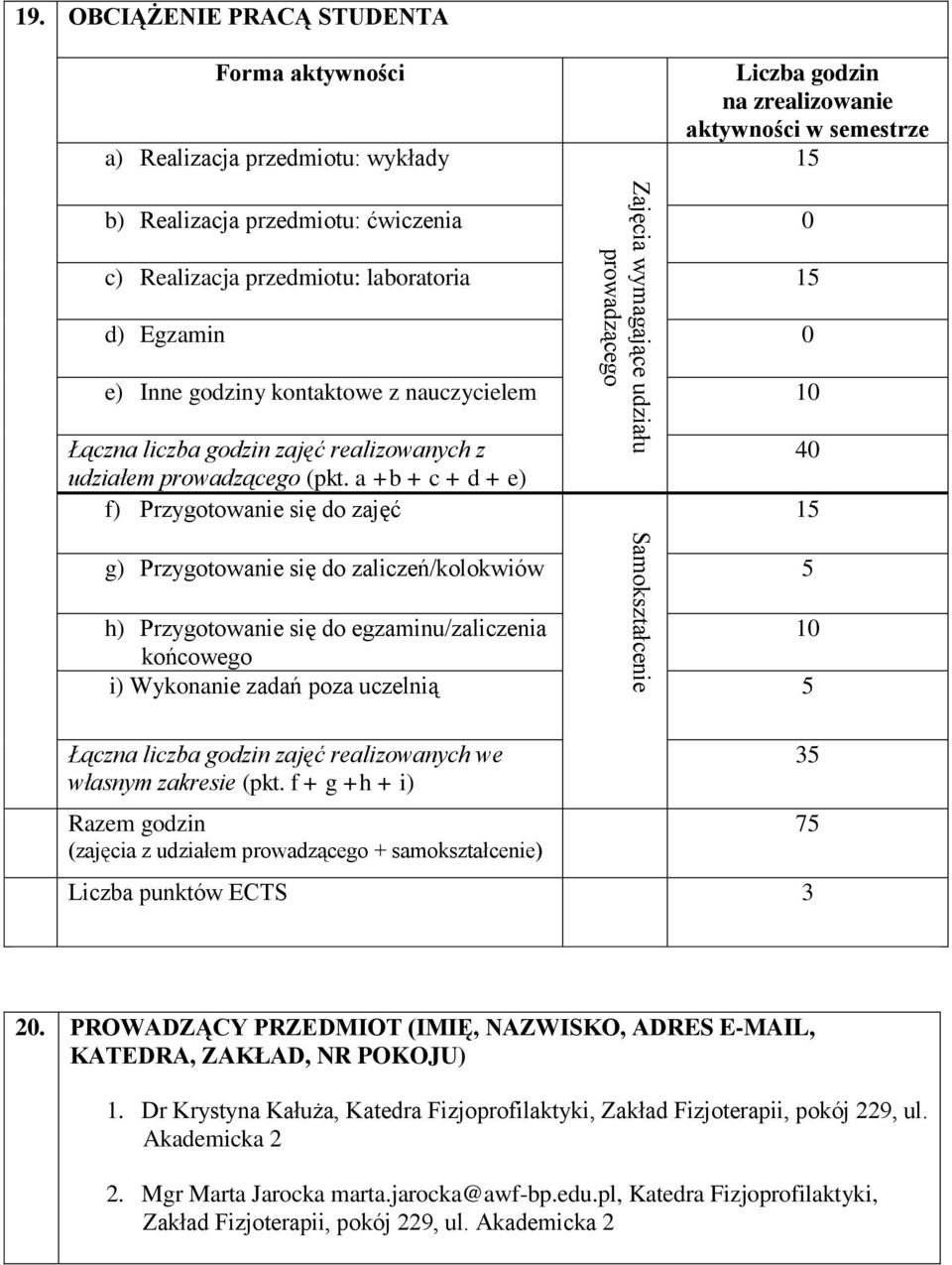 Egzamin 0 e) Inne godziny kontaktowe z nauczycielem 10 Łączna liczba godzin zajęć realizowanych z udziałem prowadzącego (pkt.